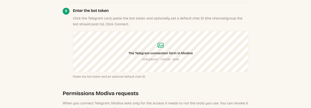 The Telegram connection form in Modiva